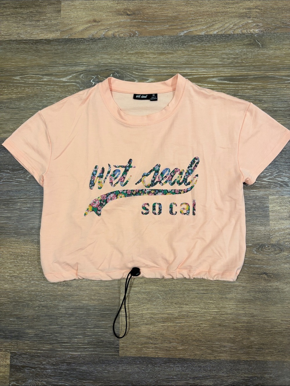 Wet Seal Peach Floral Logo Drawstring Crop Tee